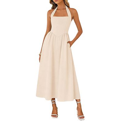 Womens Square Neck Sleeveless Halter Tie Back Smocked Waist Midi Dress