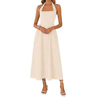 Womens Square Neck Sleeveless Halter Tie Back Smocked Waist Midi Dress