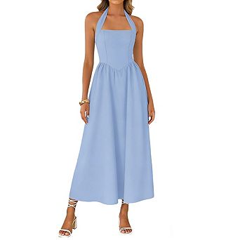 Womens Square Neck Sleeveless Halter Tie Back Smocked Waist Midi Dress