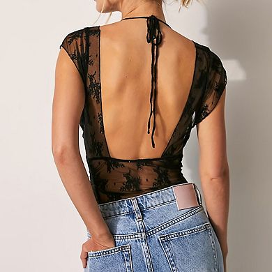 Womens Deep V Neck Short Sleeve Sheer Ruched Tie Neckline Open Back Lace Top