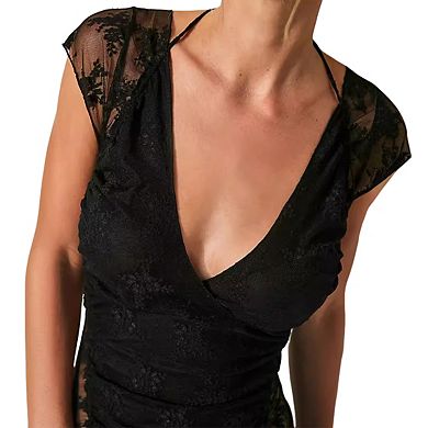 Womens Deep V Neck Short Sleeve Sheer Ruched Tie Neckline Open Back Lace Top