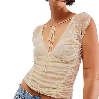 Womens Deep V Neck Short Sleeve Sheer Ruched Tie Neckline Open Back Lace Top