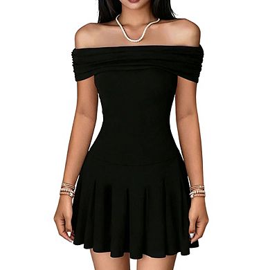 Womens Off shoulder Short Sleeve Fit Ruched Neckline Fitted Pleated Midi Dress