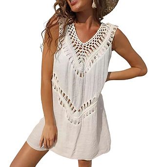 Womens V Neck Sleeveless Crochet Cutout Detail Fringed Relaxed Cover Up Dress