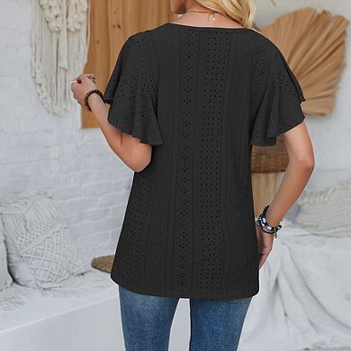 Womens V-neck Ruffle Short Sleeve Blouse Embroidery Neckline Casual Top