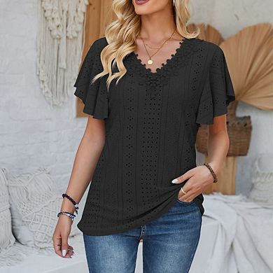 Womens V-neck Ruffle Short Sleeve Blouse Embroidery Neckline Casual Top
