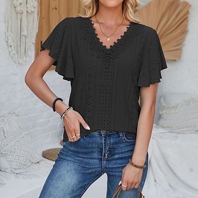 Womens V-neck Ruffle Short Sleeve Blouse Embroidery Neckline Casual Top