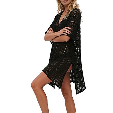 Womens V Neck Short Sleeve Openwork High-low Hem Side Slits Relaxed Cover up Dress