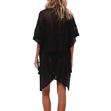 Womens V Neck Short Sleeve Openwork High-low Hem Side Slits Relaxed Cover up Dress