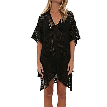 Womens V Neck Short Sleeve Openwork High-low Hem Side Slits Relaxed Cover up Dress