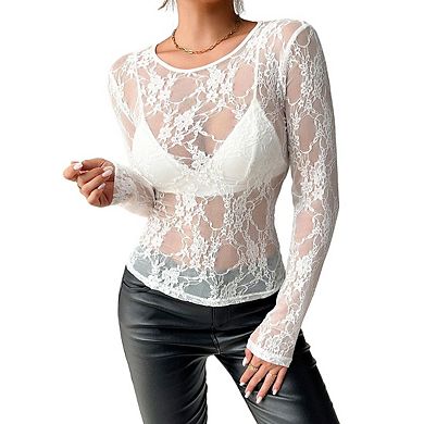 Womens Crew Neck Long Sleeve Sheer Lace Floral Casual Top