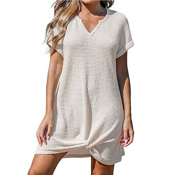 Women's Waffle Knit Swimsuit Cover Up V-Neck Short Sleeve Knot Dress