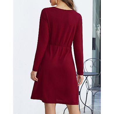 Women's A-Line Cocktail Dress with Long Sleeves Ruched Waist