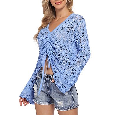 Women's Boho Crop Tops Bell Sleeve Flowy Crochet Cover Up Pullover Sweaters