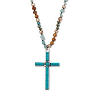 PalmBeach Jewelry Round Genuine Turquoise Silvertone Beaded Cross Necklace 34-inch