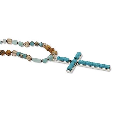 PalmBeach Jewelry Round Genuine Turquoise Silvertone Beaded Cross Necklace 34-inch