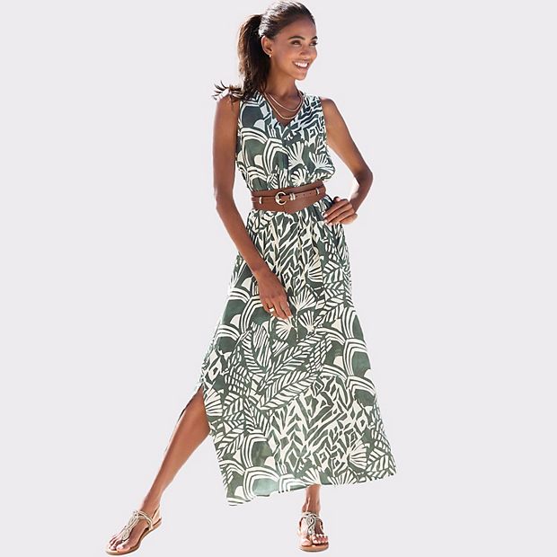 Women's Flowy V-Neck Maxi Dress - LASCANA - Green Ivory Leaf 8