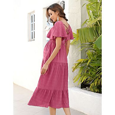 Women's Maternity Maxi Dress Deep V-Neck with Flutter Sleeves