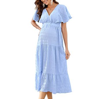 Women's Maternity Maxi Dress Deep V-Neck with Flutter Sleeves