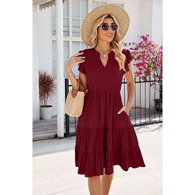 Women's Summer Midi Dresses V-Neck Flutter Sleeve Short Dress