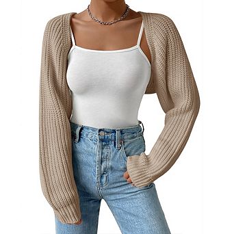 Women's Cropped Knit Cardigan Long Sleeve Open Front Short Sweater Coat