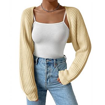Women's Cropped Knit Cardigan Long Sleeve Open Front Short Sweater Coat