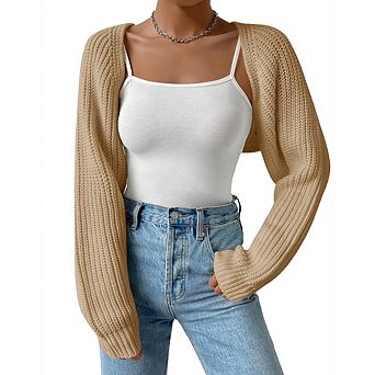 Women's Cropped Knit Cardigan Long Sleeve Open Front Short Sweater Coat