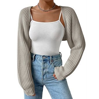 Women's Cropped Knit Cardigan Long Sleeve Open Front Short Sweater Coat