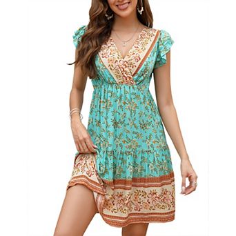Women's Boho Mini Dress V-Neck Cross Front Summer Dresses