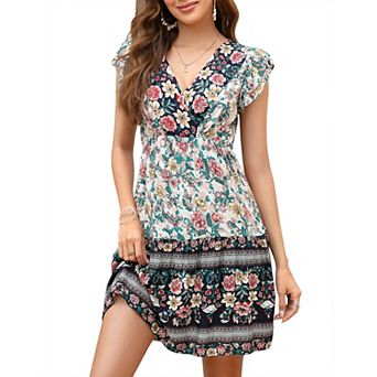 Women's Boho Mini Dress V-Neck Cross Front Summer Dresses