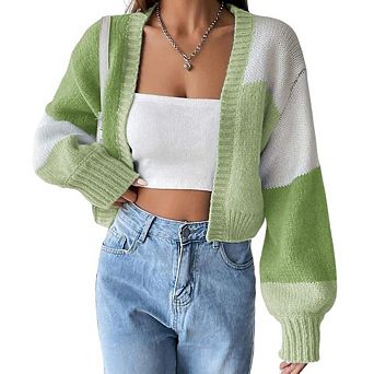 Women's Sweater Cardigan Cropped Puffed Sleeve Open Front Jacket