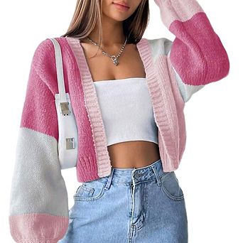 Women's Sweater Cardigan Cropped Puffed Sleeve Open Front Jacket