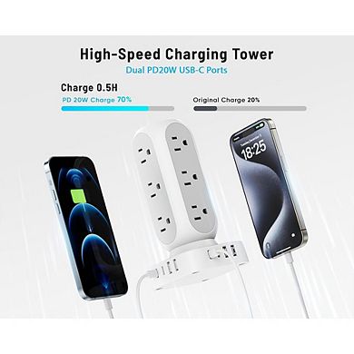 Flat Plug Power Strip Tower with 12 Outlets and 8 USB Ports, USB-C, 10FT Cord