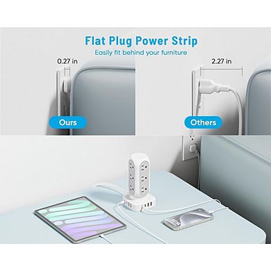 Flat Plug Power Strip Tower with 12 Outlets and 8 USB Ports, USB-C, 10FT Cord