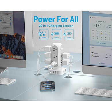 Flat Plug Power Strip Tower with 12 Outlets and 8 USB Ports, USB-C, 10FT Cord