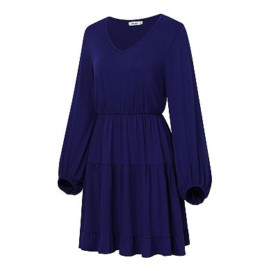 Women's Mini Dresses V-Neck Puff Sleeve Short Dress with Tiered Hem