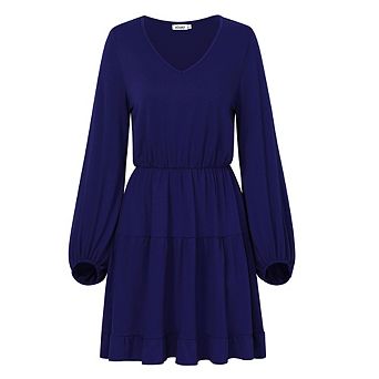Women's Mini Dresses V-Neck Puff Sleeve Short Dress with Tiered Hem