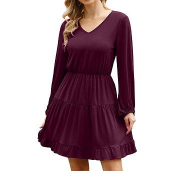 Women's Mini Dresses V-Neck Puff Sleeve Short Dress with Tiered Hem