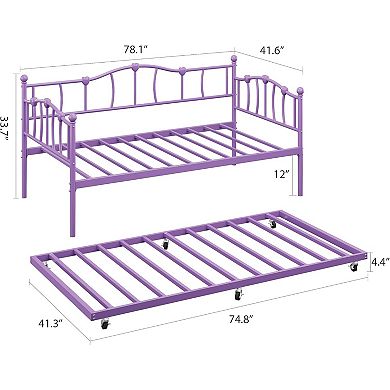 Twin Metal Daybed with Trundle & Steel Slats, Space-Saving Sofa Bed for Small Spaces