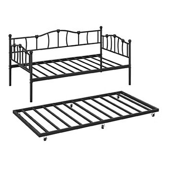 Twin Metal Daybed with Trundle & Steel Slats, Space-Saving Sofa Bed for Small Spaces