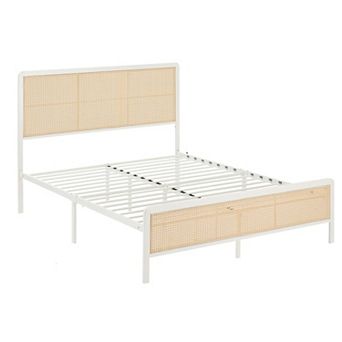 Boho Rattan Platform Bed Frame with LED Headboard, Steel Slats & Noise Free