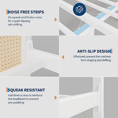 Boho Rattan Platform Bed Frame with LED Headboard, Steel Slats & Noise Free