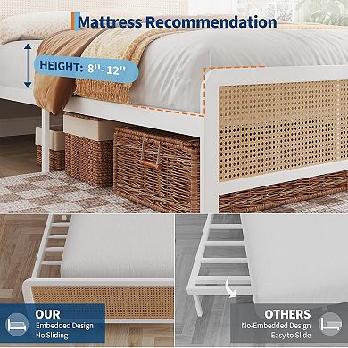 Boho Rattan Platform Bed Frame with LED Headboard, Steel Slats & Noise Free