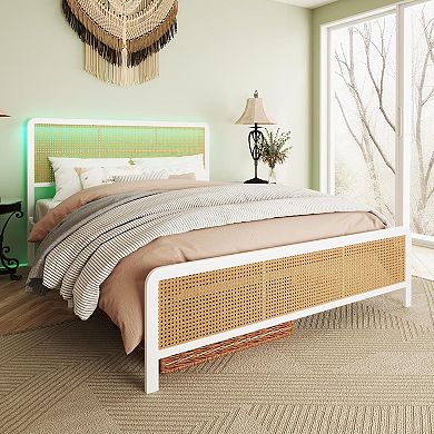 Boho Rattan Platform Bed Frame with LED Headboard, Steel Slats & Noise Free