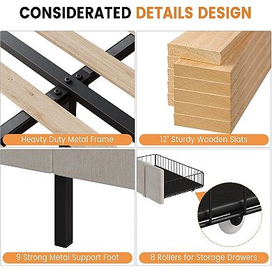 Upholstered Bed Frame with 2 Drawers, Tufted Headboard/Footboard & Wood Slats