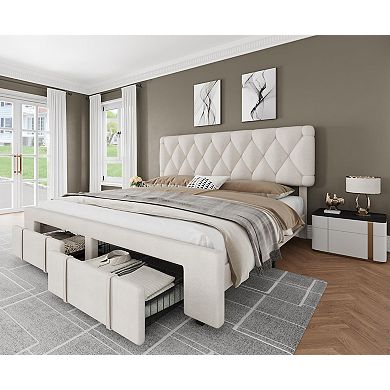 Upholstered Bed Frame with 2 Drawers, Tufted Headboard/Footboard & Wood Slats