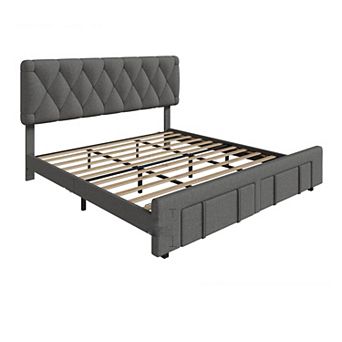 Upholstered Bed Frame with 2 Drawers, Tufted Headboard/Footboard & Wood Slats