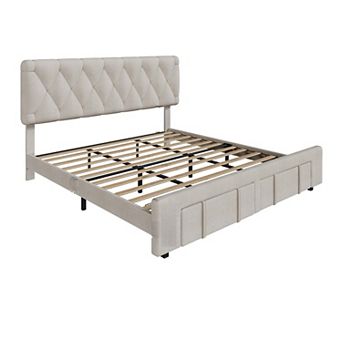 Upholstered Bed Frame with 2 Drawers, Tufted Headboard/Footboard & Wood Slats