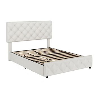 White Faux Leather Bed Frame with 4 Drawers & Adjustable Diamond Tufted Headboard