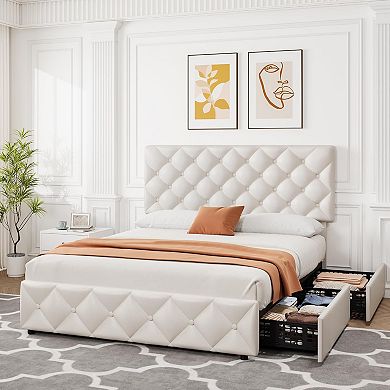 White Faux Leather Bed Frame with 4 Drawers & Adjustable Diamond Tufted Headboard